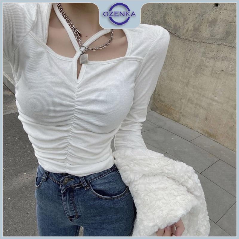 Áo croptop tay dài nữ cổ vuông nhún giữa OZENKA , áo crt kiểu thun cotton mặc thu đông màu đen trắng dưới 55 kg