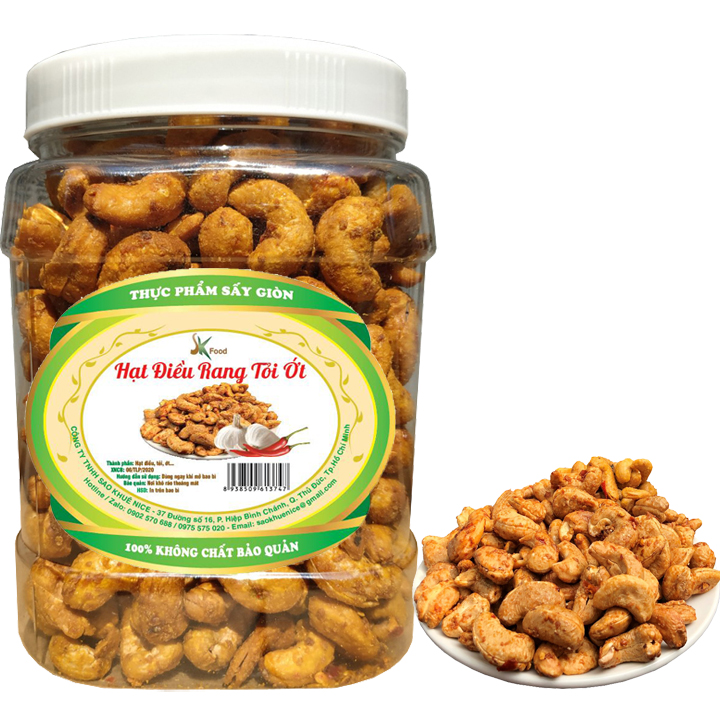 1.5KG HẠT ĐIỀU NGUYÊN RANG TỎI ỚT LOẠI CAO CẤP THƯƠNG HIỆU SK FOOD - COMBO 3 HŨ
