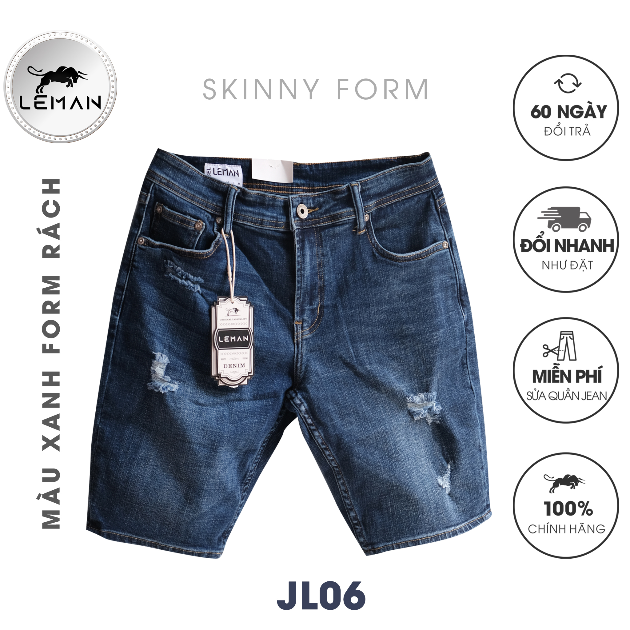 Quần Short Jean nam Leman xanh rách JL06 - Skinny Form