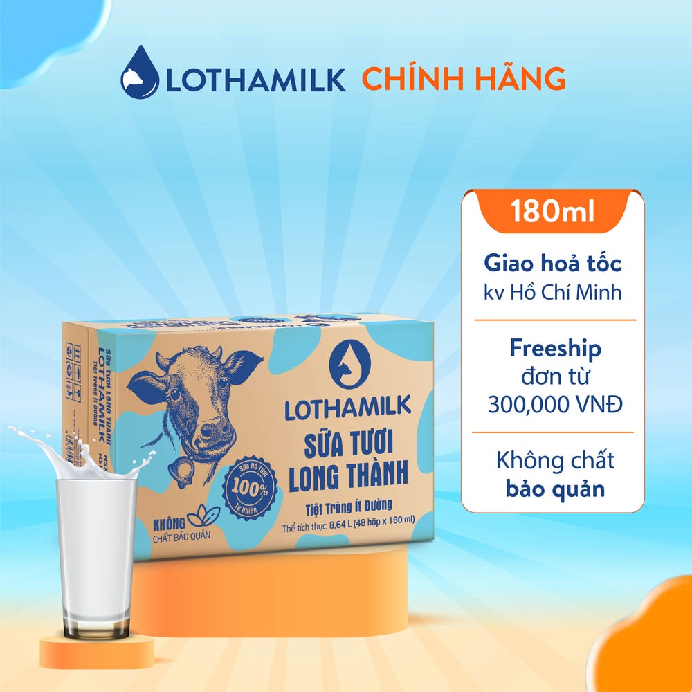 Thùng 48 Hộp Sữa Tươi Tiệt Trùng Lothamilk Ít Đường 180ml