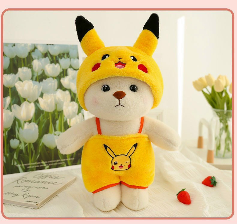 Gấu Bông Teddy Lena Đội Mũ Đeo Yếm Lotso, Stitch, Pikachu Cực Cute 32cm Cao Cấp