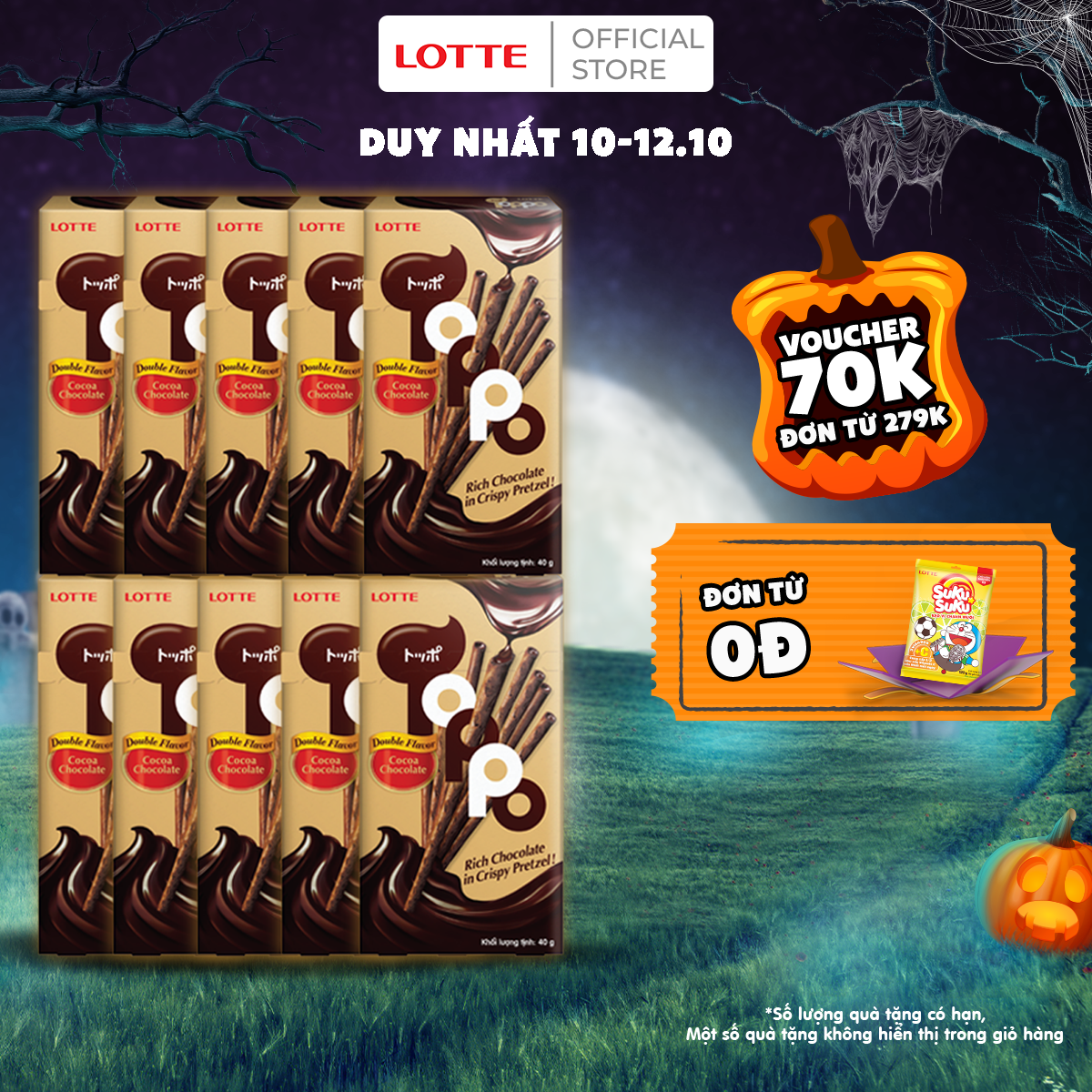 Combo 10 hộp Bánh que Toppo nhân sô cô la hương Ca cao 40 g