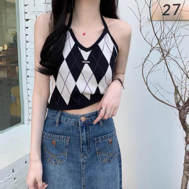 Áo yếm caro croptop dệt kim len nữ kiểu buộc dây cô tim dáng ngắn thiết kế Quảng Châu cao cấp trẻ trung cá tính