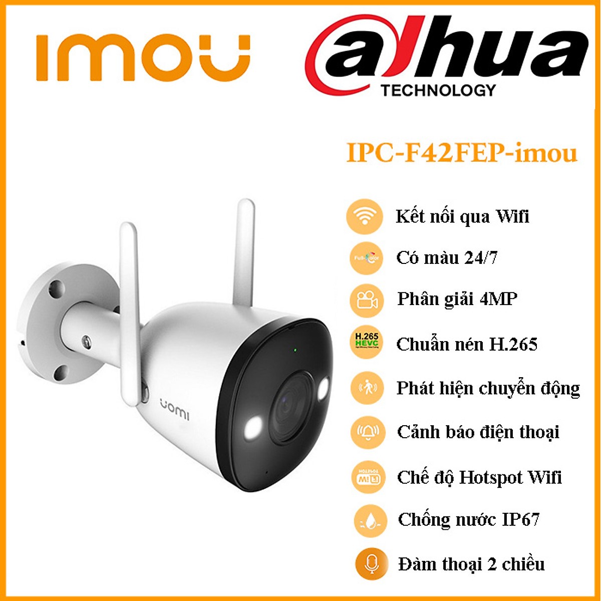 Camera Imou IPC-F42FEP, 4mpx, ngoài trời, đàm thoại 2 chiều, Led, góc rộng 128 độ - Hàng chính hãng