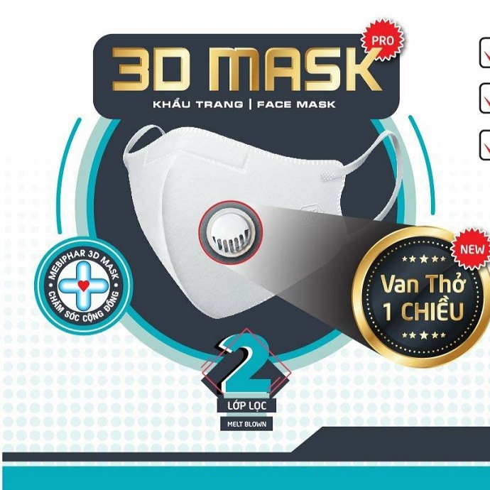 Khẩu trang MEBIPHAR 3D MASK PRO (Túi 1 cái)- Thiết kế 3D thông minh có van thở thông