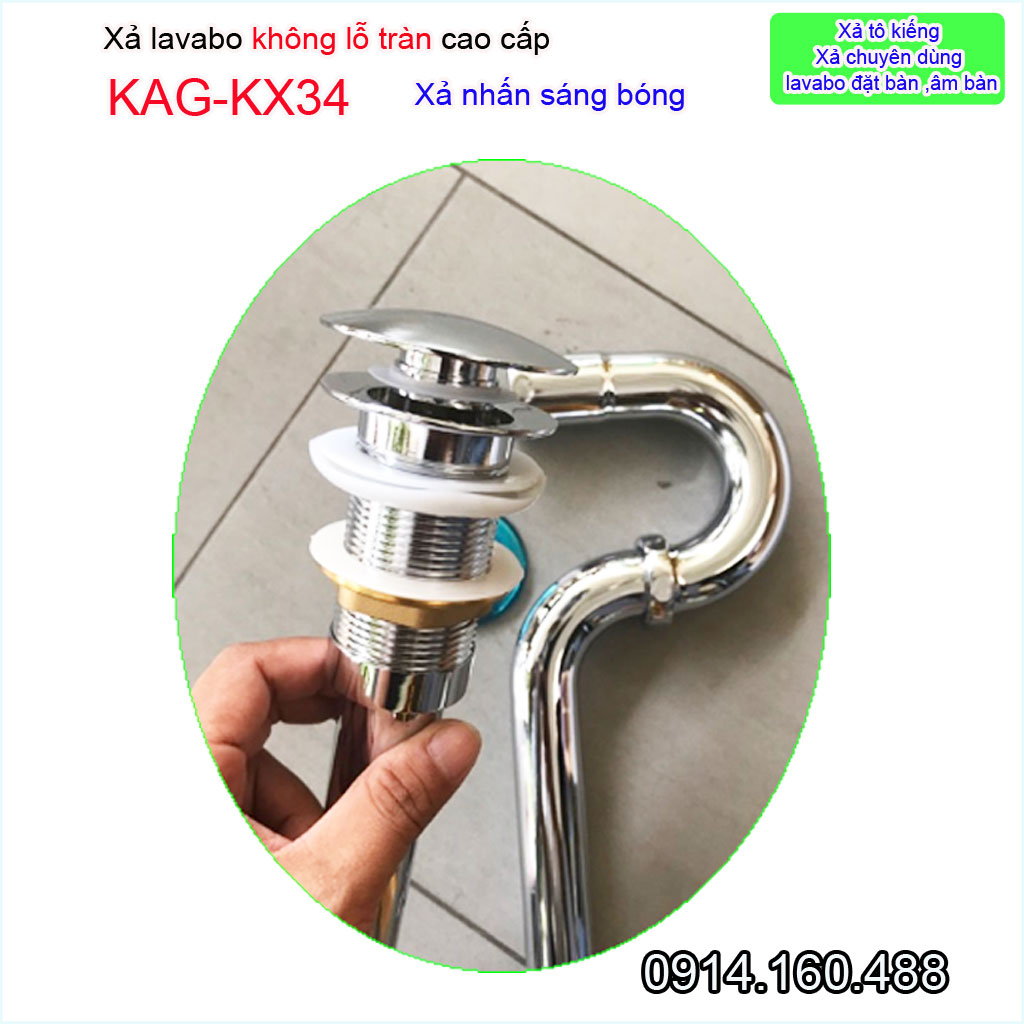 Xả ấn tay lavabo không lỗ tràn KAG-KX34, Bộ ống thải xi phông cho lavabo kính chậu đá mặt kính chất liệu inox dày cao cấp