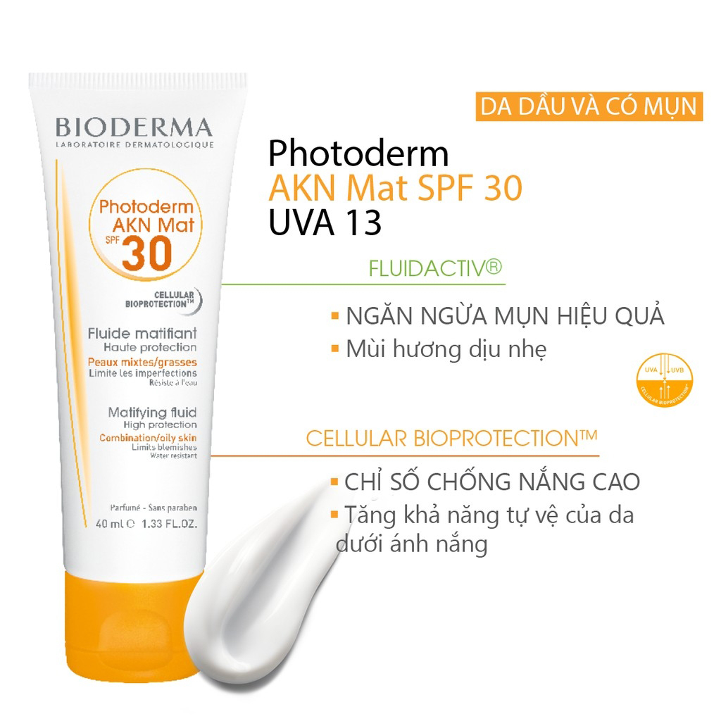 Kem chống nắng dành cho da hỗn hợp, da dầu đến da mụn Bioderma Photoderm AKN Mat SPF30 40ml (Nhập khẩu)