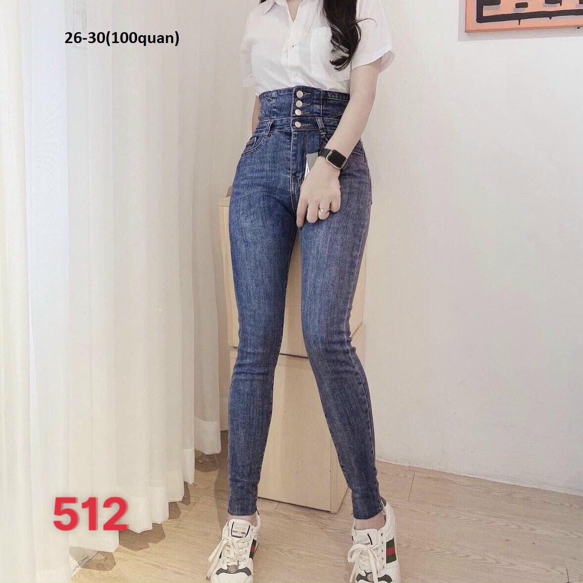 Quần Jean Nữ Lưng Cao Thiết Kế H&A Fashion Chất Jean Co Giãn Màu Xanh 4 Nút KVQJN512