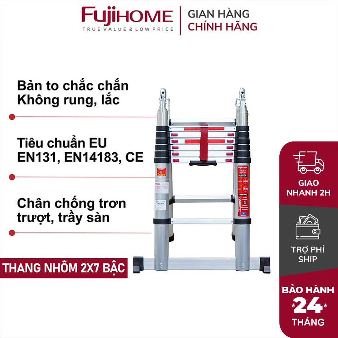 Thang nhôm FUJIHOME TLA08 rút gọn chữ A nhập khẩu, Chiều cao tối đa 5m, Đế cao su