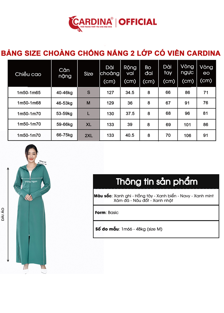 Áo Chống Nắng Nữ CARDINA 2 Lớp Dáng Dài Chất Thun Lạnh Chống Tia UV Viền Thể Thao 2BC