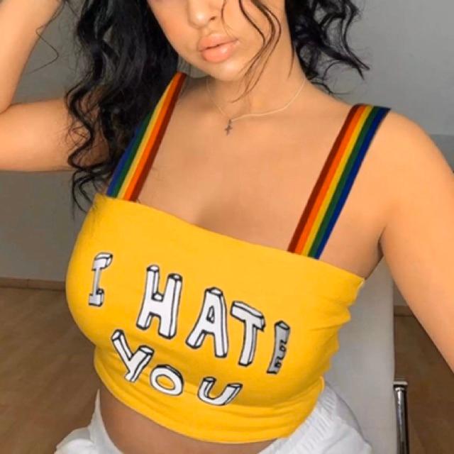 Áo 2 dây I hate You màu vàng dây cầu vồng