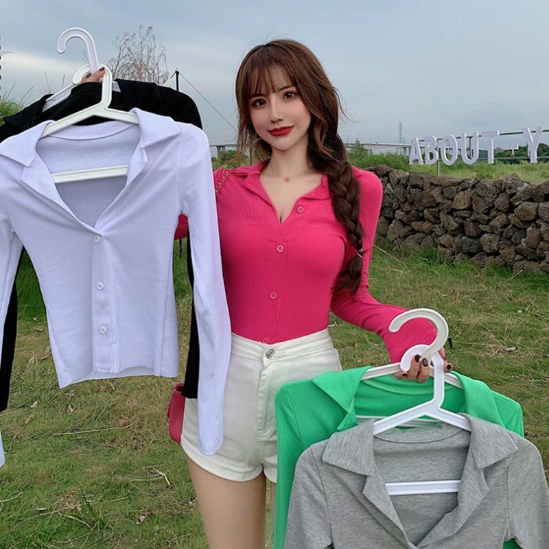 Áo Thun Cotton Ôm Dáng Màu Trơn Tay Dài Gợi Cảm Cho Nữ