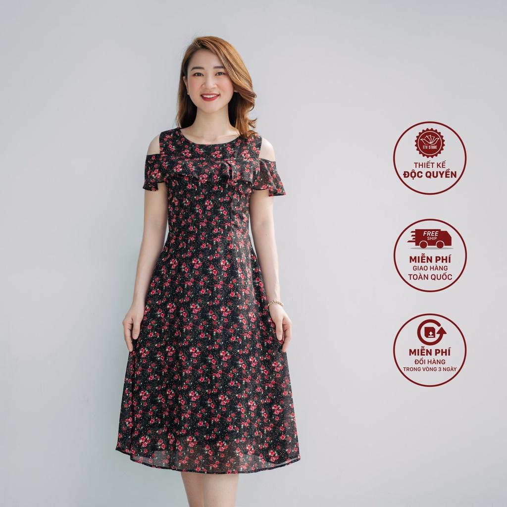 Đầm xòe  Cổ tròn tay rớt vai  AH  Đen hoa kem  TTV1234  TTV STORE