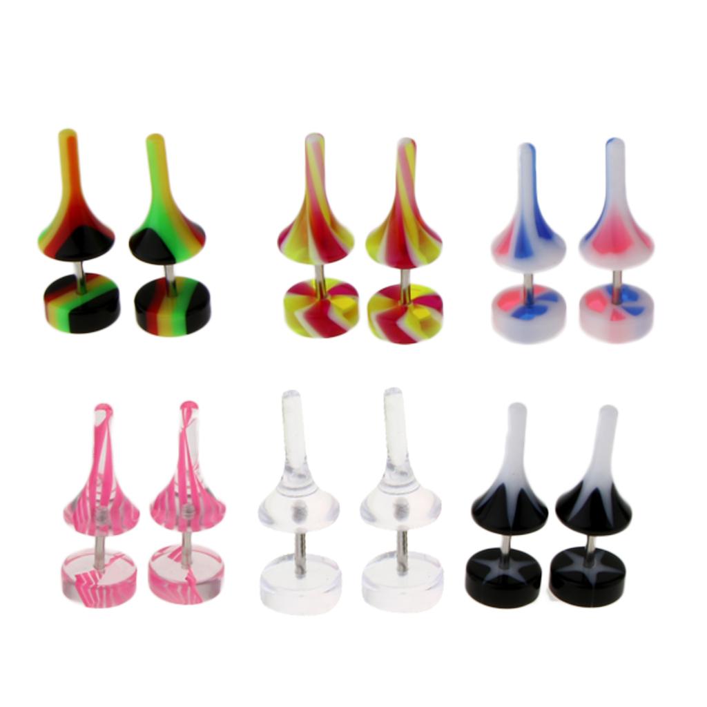 6 Pairs Acrylic Ear Earrings Flesh Tunnel Stainless Steel Fake Plugs 16g
