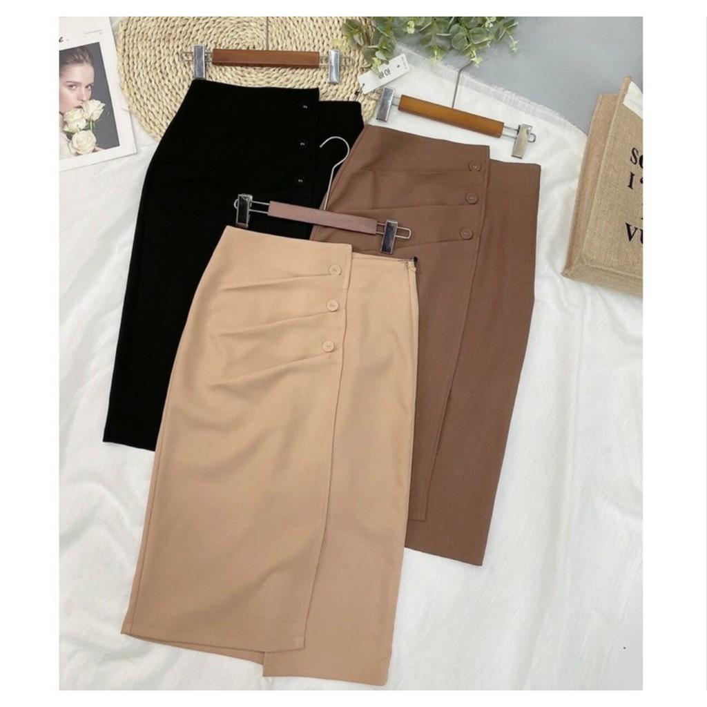 Chân váy công sở, dáng dài -bọc cúc