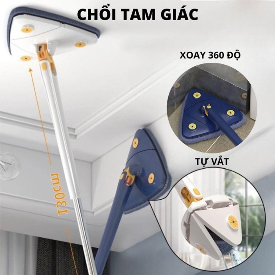 Cây lau nhà tam giác tự xoay 360 độ chổi đa năng cán dài tiện dụng tự vắt thông minh lau trần nhà, ô tô - Huy Tưởng