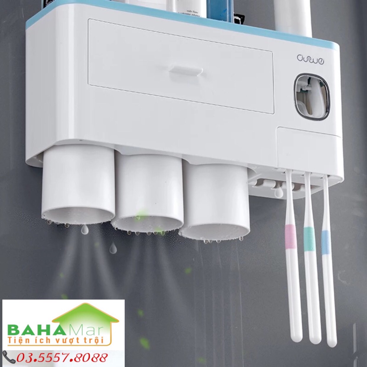 GIÁ ĐỂ TREO BÀN CHẢI NHẢ THUỐC ĐÁNH RĂNG TỰ ĐỘNG - 3 CỐC TREO NAM CHÂM NGƯỢC "BAHAMAR"