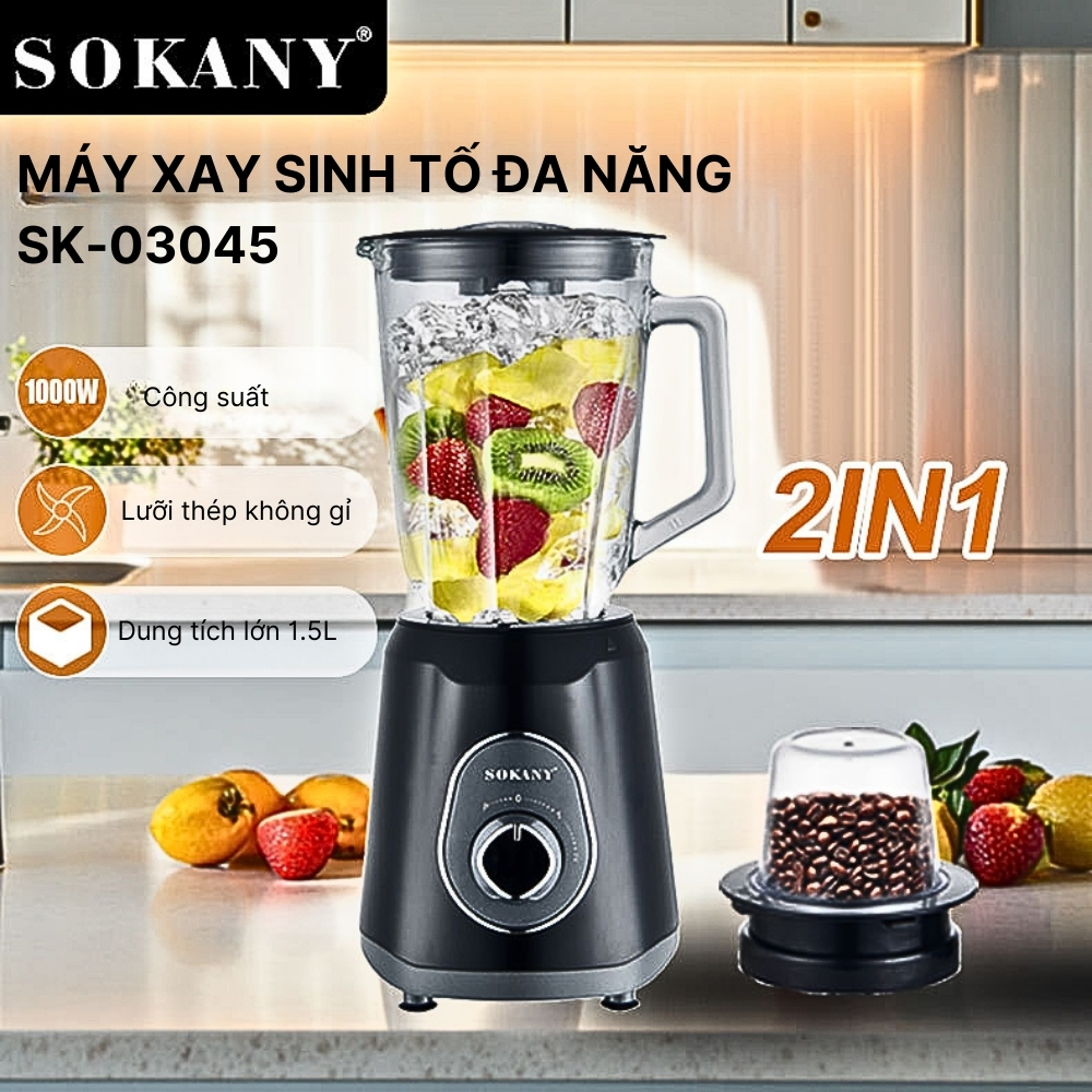 Máy xay sinh tố đa năng SOKANY SK-03045 xay rau củ quả và các loại hạt, 2 cối nhựa ABS cao cấp bền bỉ - HÀNG CHÍNH HÃNG - DELIYA