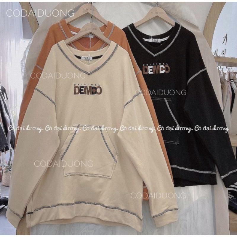 Áo swt nỉ cổ tròn cotton tay bồng ------- ÁO NỈ CỔ V THÊU CHỈ NỔI DEMCO