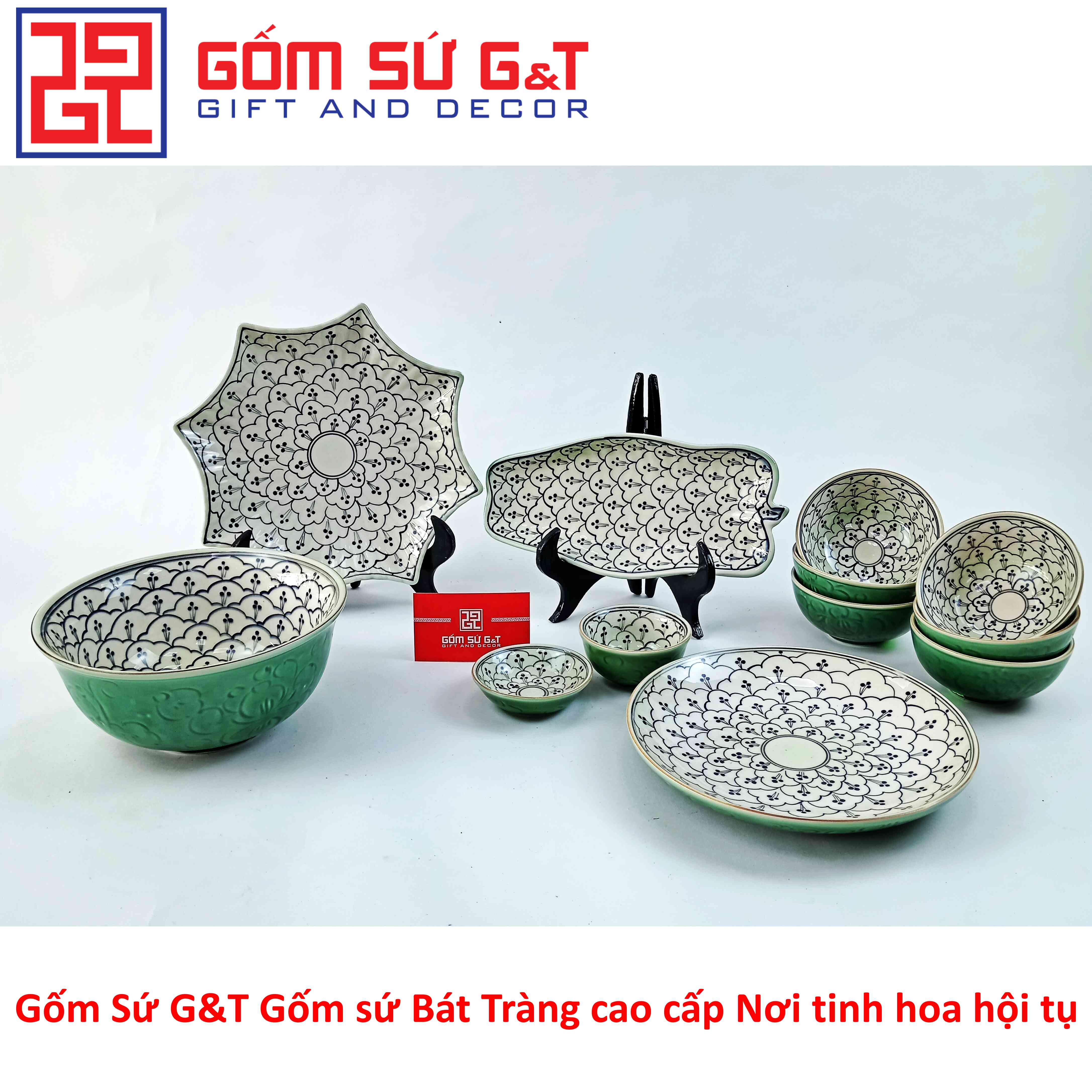 Bộ đồ ăn 6 người men xanh đồng vẽ hoa bèo Gốm Sứ G&amp;T