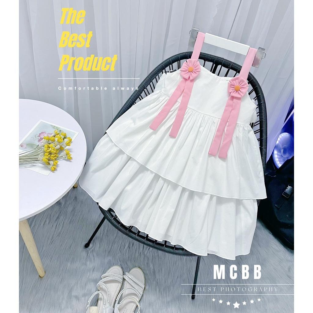Đầm babydoll hai dây đính hoa vai cho bé gái thật đáng yêu từ 12-40kg chất kate cotton mềm