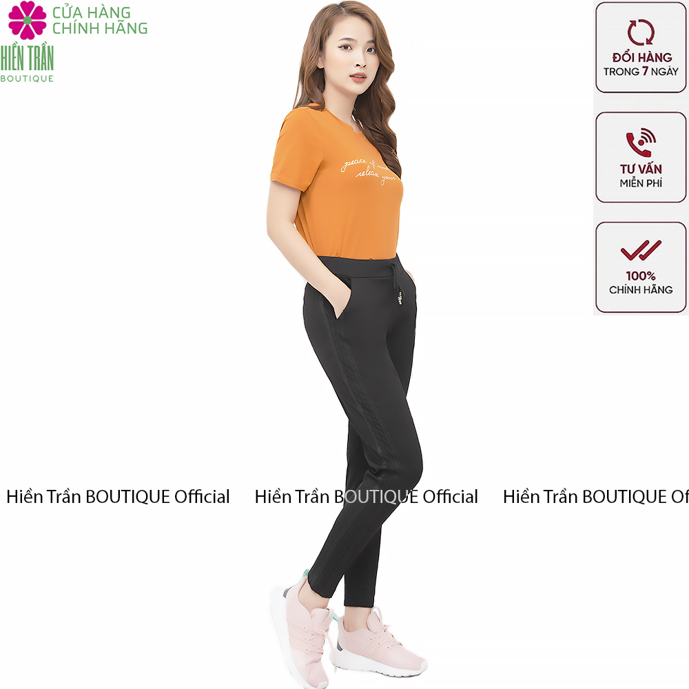 Quần jogger nữ Hiền Trần BOUTIQUE dáng dài cạp chun dây buộc, sọc kim tuyến 2 bên