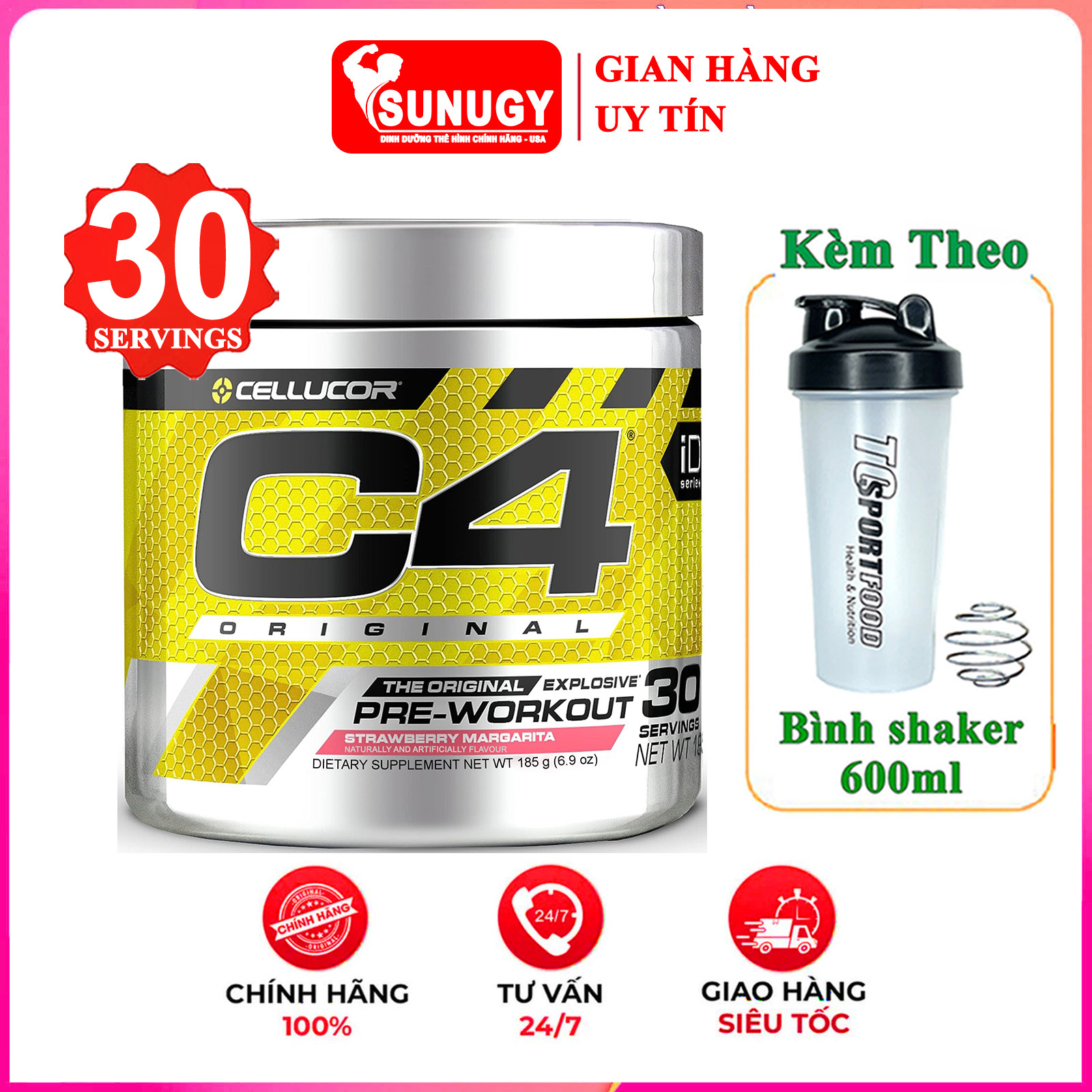 Pre-Workout siêu mạnh C4 Original của Cellucor hỗ trợ Tăng Sức Bền, Sức Mạnh đốt mỡ giảm cân &amp; Bình shaker 600 ml (Mẫu Ngẫu Nhiên)