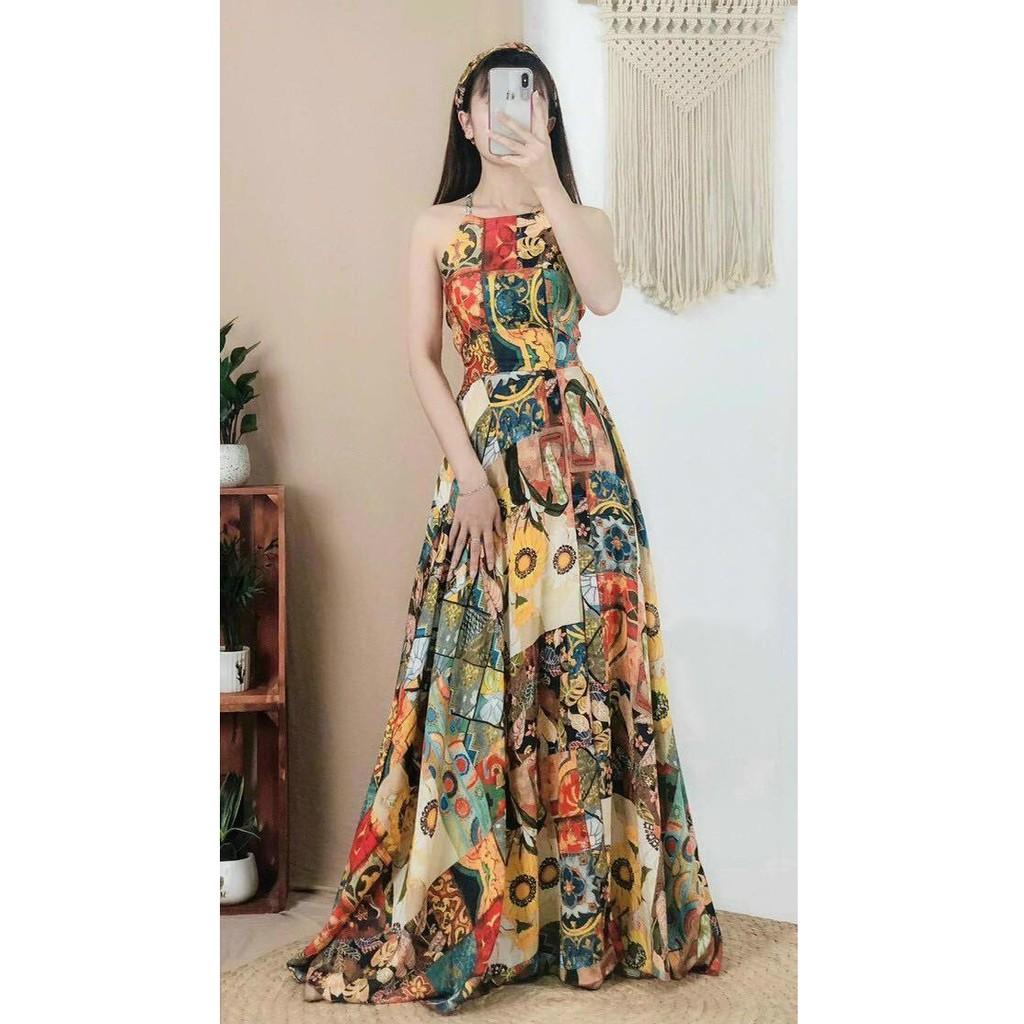 Váy đầm maxi họa tiết thổ cẩm đi biển đan 2 dây hở lưng xẻ tà SAVVY Boho vintage dress cao cấp