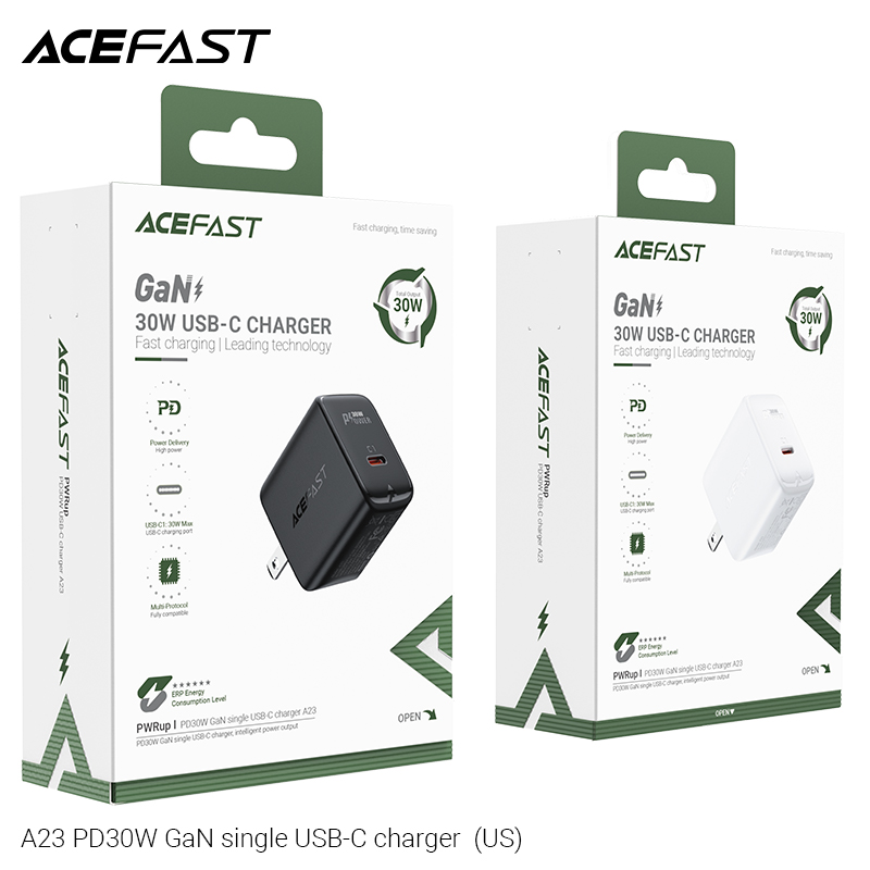 Adapter Sạc Acefast Gan PD 3.0 30W 1 Cổng USB Type-C Chuôi Dẹt US A23 - Hàng Chính Hãng