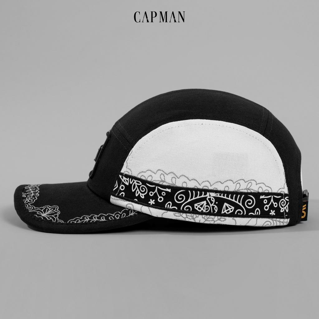 Mũ lưỡi trai phom 5panel CAPMAN CM68 dáng thể thao ôm đầu màu đen hoa văn viền lưỡi nón
