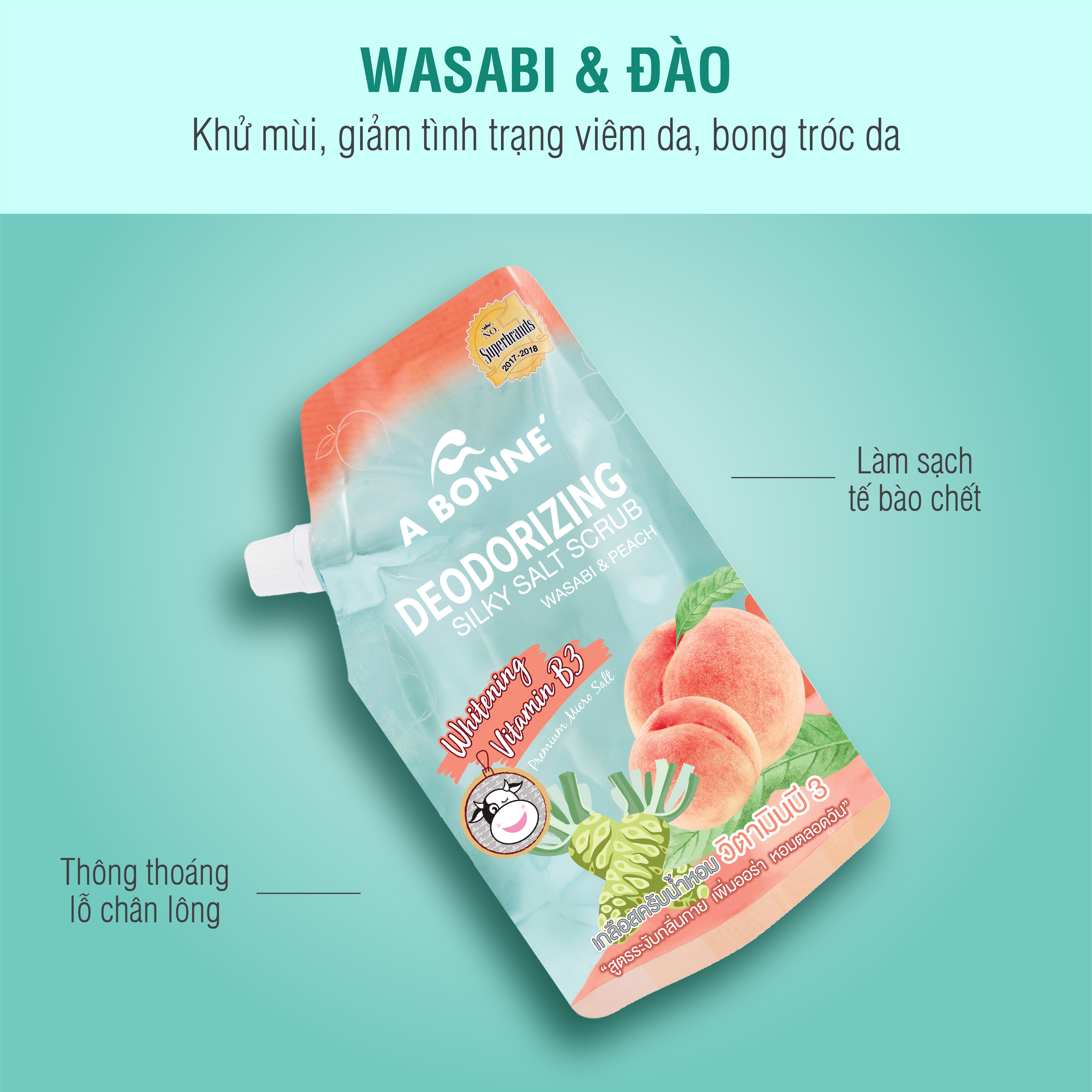 combo 6 gói Muối Tắm A Bonne Deodorizing Silky Salt Scrub Hương Wasabi và Đào Khử Mùi Cơ Thể 350g