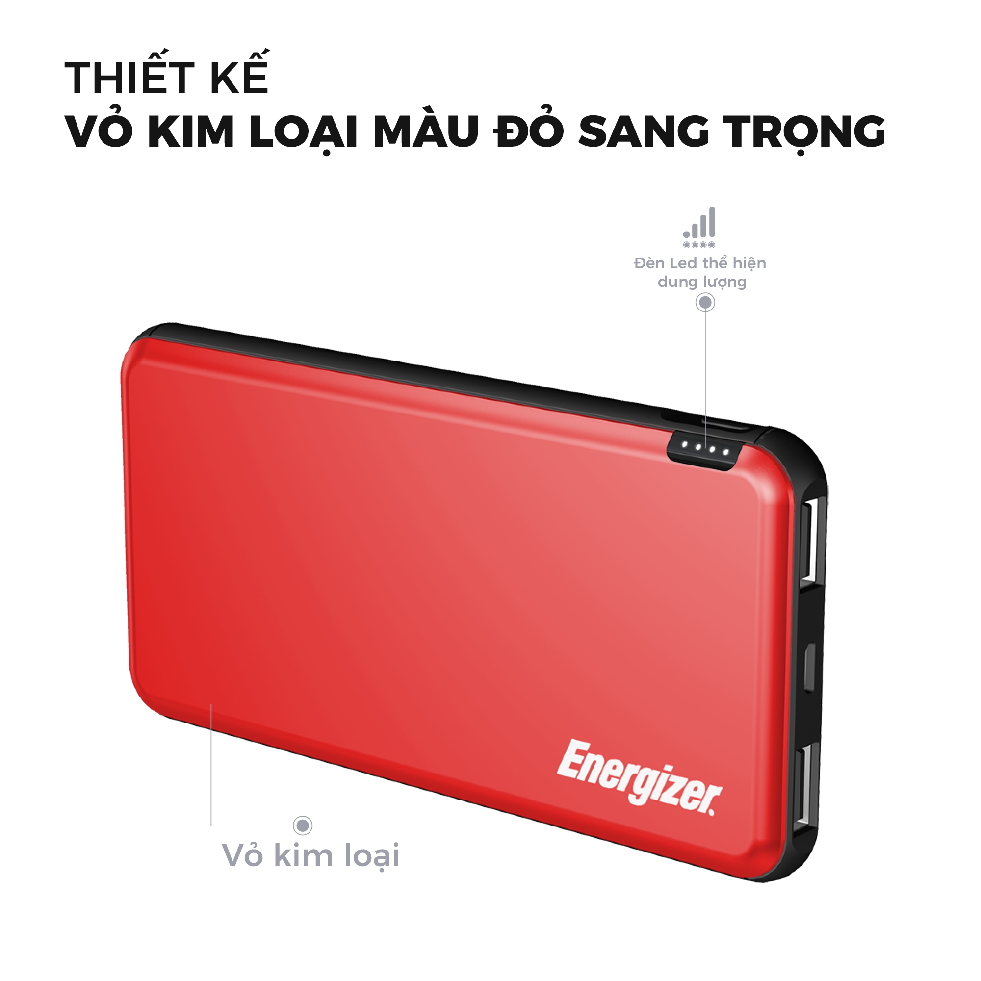 Sạc dự phòng Energizer 10,000mAh /3.7V Li-Polymer - UE10046 - tích hợp 2 cổng USB output giúp sạc 2 thiết bị cùng lúc- hàng chính hãng