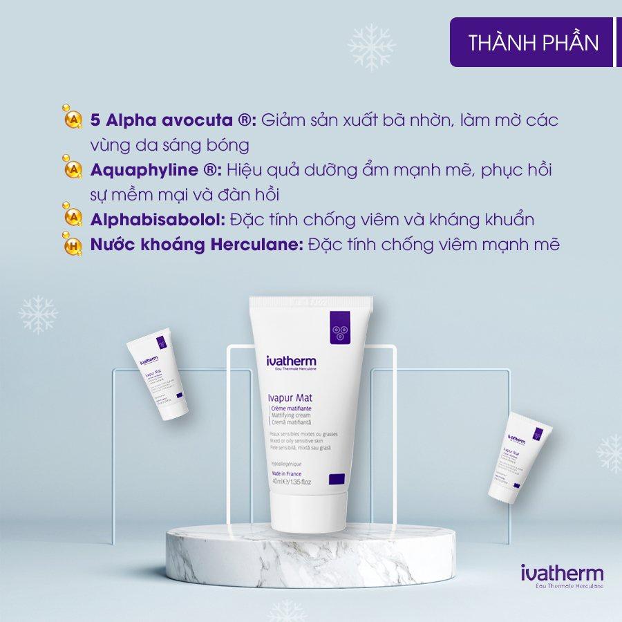 Kem Dưỡng Ẩm Ivatherm Ivapur Mat Mattifying Cream dưỡng ẩm kiềm dầu cho da dầu mụn 40ml - Hee's Beauty