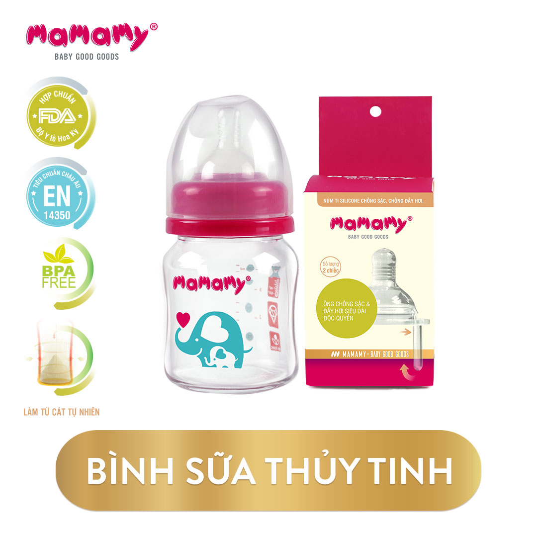 Combo Bình Sữa Thủy Tinh Cổ Rộng Chống Sặc Cho Bé Mamamy 120ml+ 1 Hộp Núm Ti (nhiều size