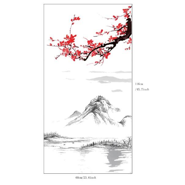 Decal dán kính cao cấp - Phong Thủy Núi Sông kết hợp Mai Đỏ
