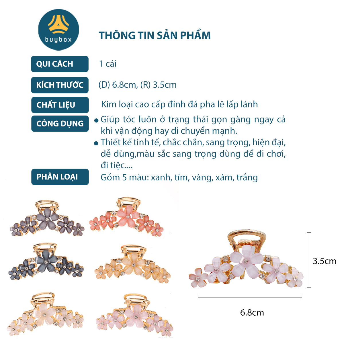 Kẹp tóc kiểu Hàn Quốc nhiều màu sắc, thiết kế tinh xảo, sang trọng - Buybox - BBPK335