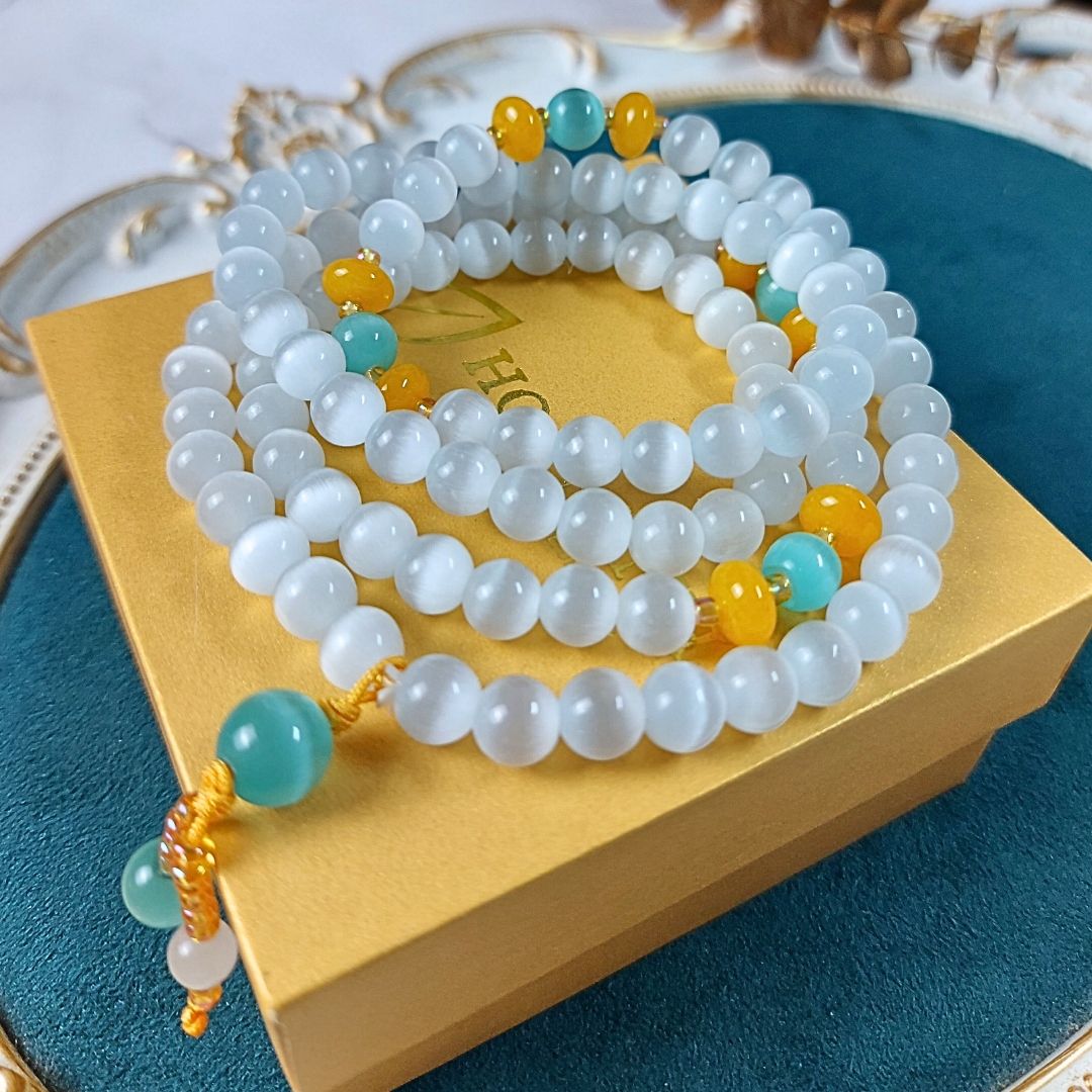 Vòng tay đá Mắt Mèo trắng size hạt 8 li chuỗi 108 hạt phối mắt mèo xanh, hạt bánh xe mã não vàng