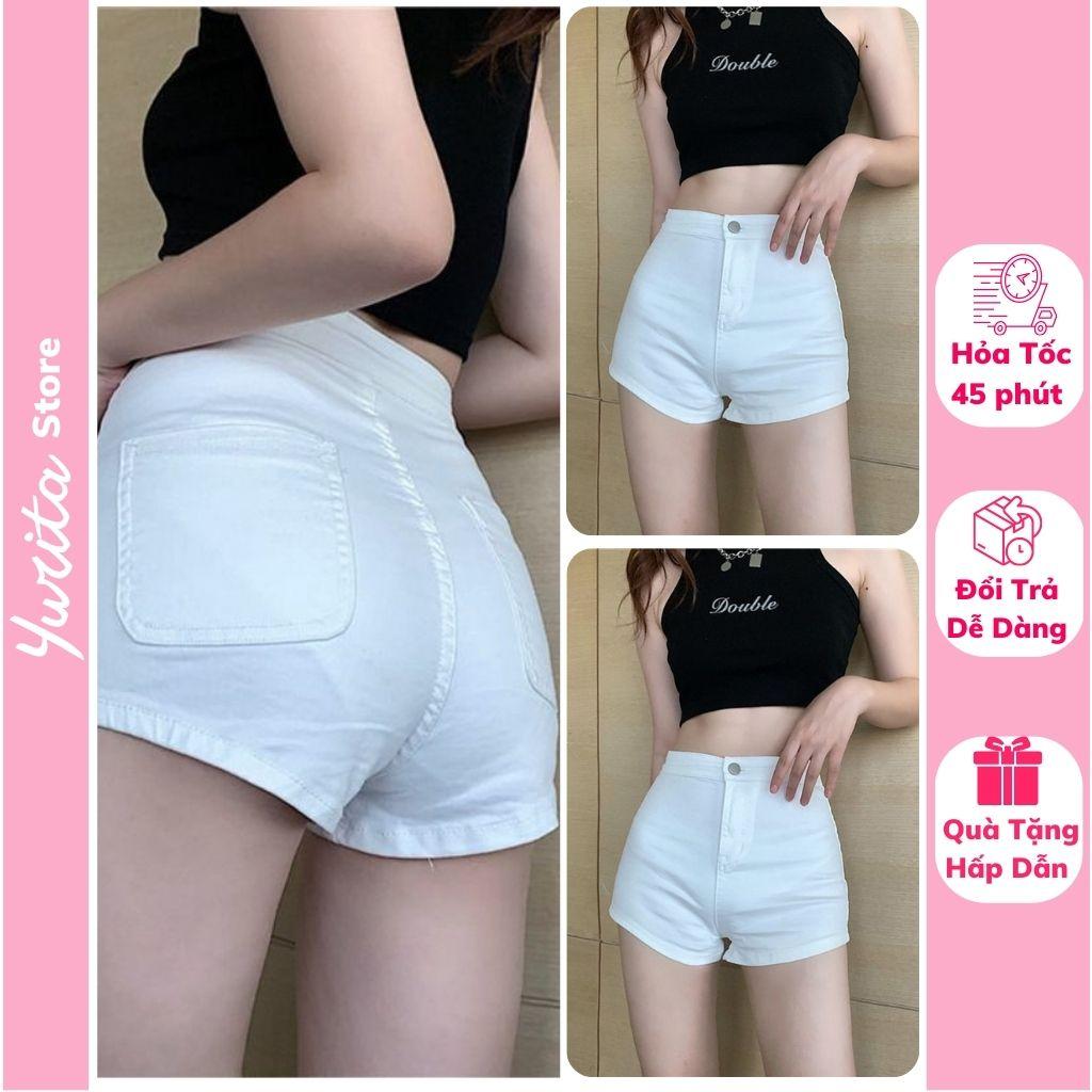 Quần short Jean Trắng đùi nữ Yurita dance cạp cao lưng cao co dãn 4 chiều - Quần đùi cạp cao hách dáng cho nữ