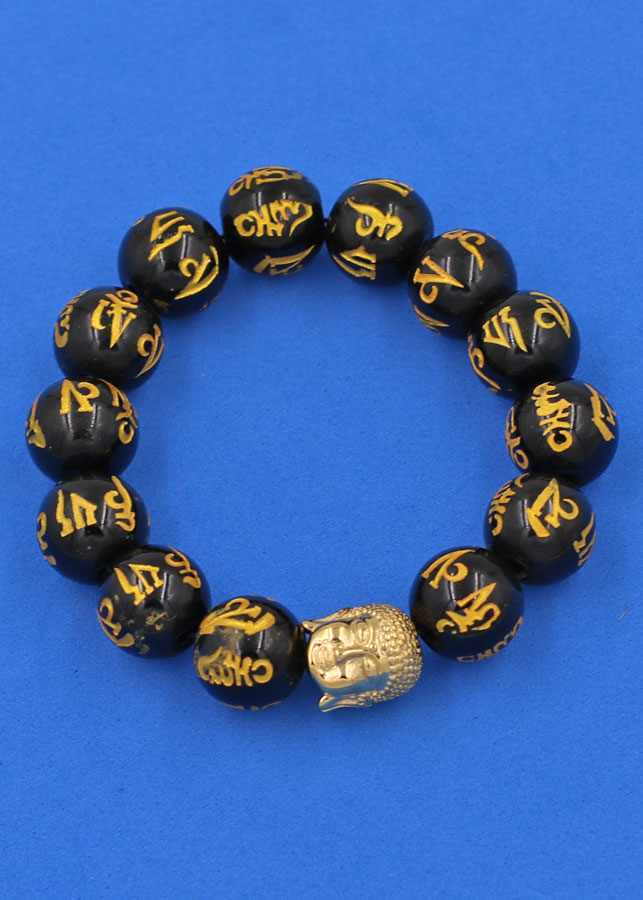 Vòng đeo tay Thạch Anh Đen Phật chú 14 ly cẩn hạt Phật A Di Đà inox vàng VTAEPVNLV14