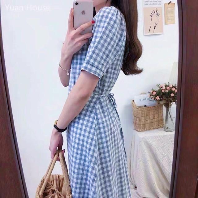 Đầm Dài Xanh Caro Phối