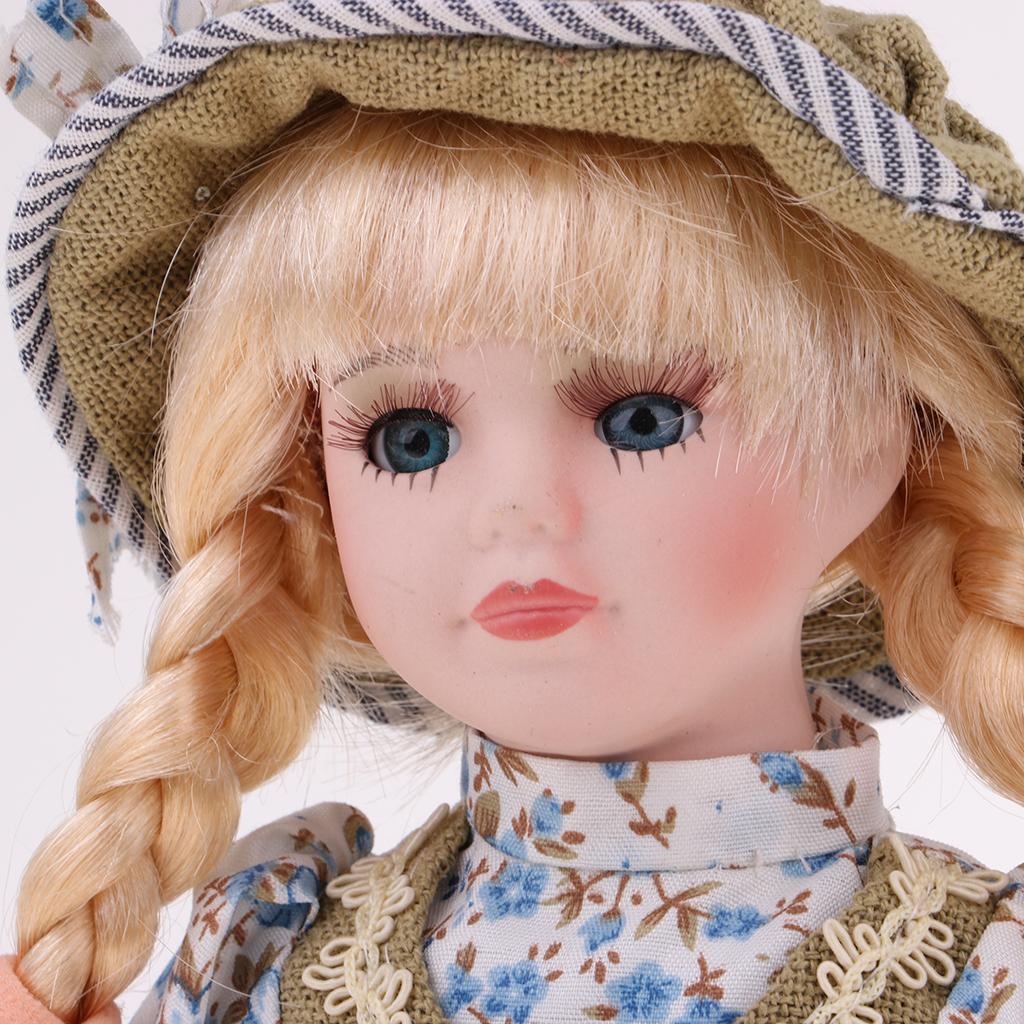 12 inch Elegant Porcelain Doll Collectible Miniatures, 2 Pieces Standing Victorian Girl Lady Doll with Stand, Hat, Shoes and Clothes
