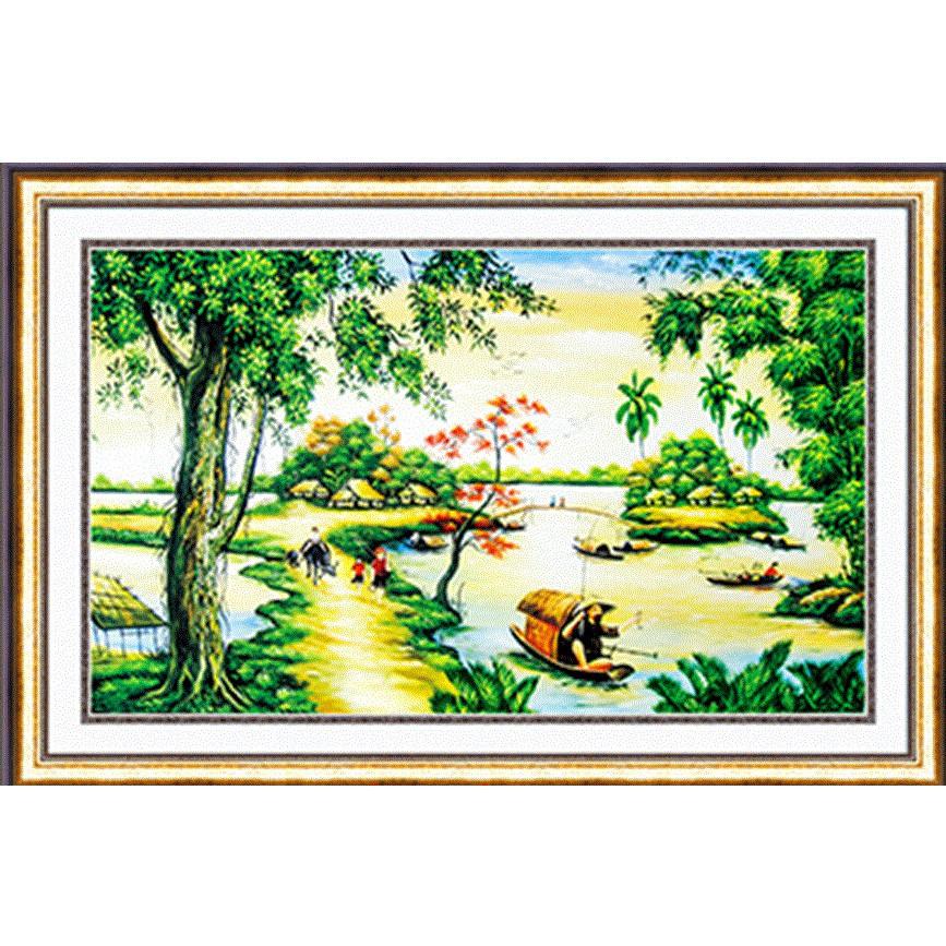Tranh thêu chữ thập phong cảnh làng quê cỡ nhỏ 88878 chưa thêu