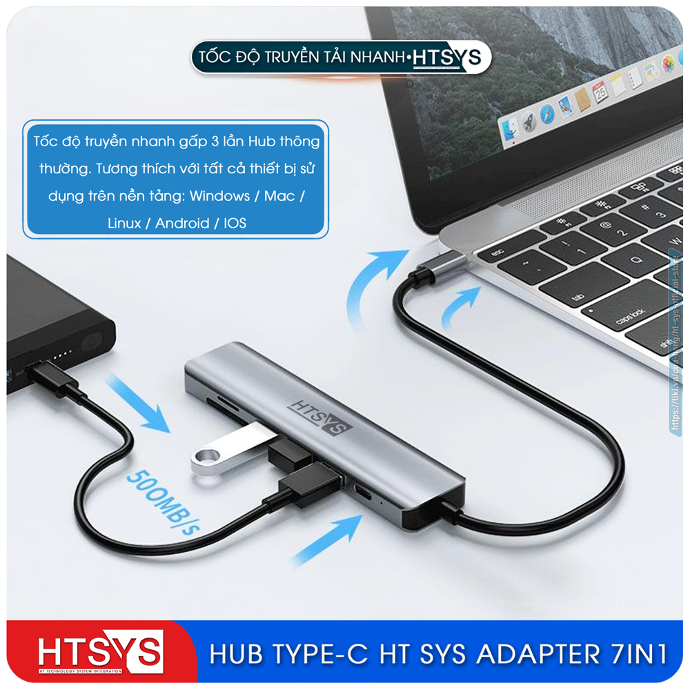 Hub Type C HT SYS 7 in 1 To HDMI, USB 3.0, SD, TF, USB C, PD 100W - Hàng Chính Hãng