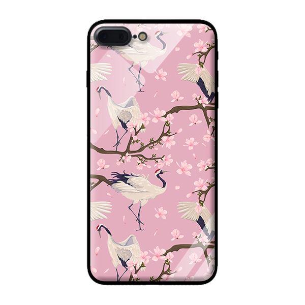Ốp kính cường lực cho iPhone 8 Plus Hạc Nền Hồng - Hàng chính hãng