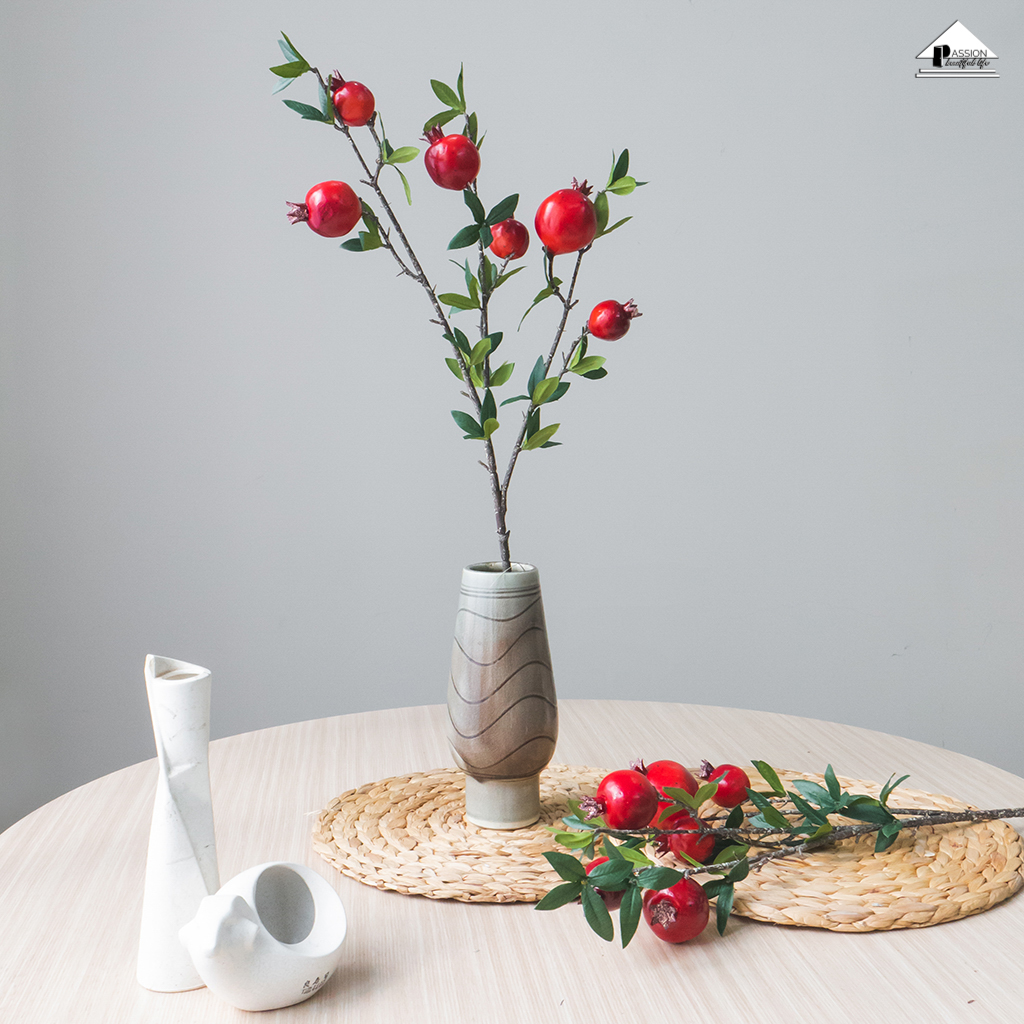 Nhành Lựu Trang Trí May Mắn Loại 1- Nhành 6 Quả Thân Dài 80cm