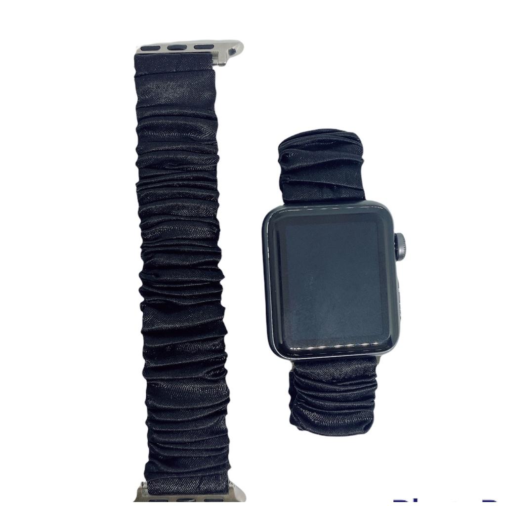 Combo dây đồng hồ apple watch và scrunchies dây cột tóc, buộc tóc vải satin lụa ĐEN