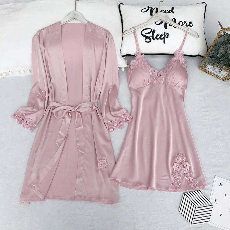 HISEXY Set Áo Khoác 2 Món Gồm Áo Khoác Và Đầm Ngủ Lụa Satin Cao Cấp - AK01MD01