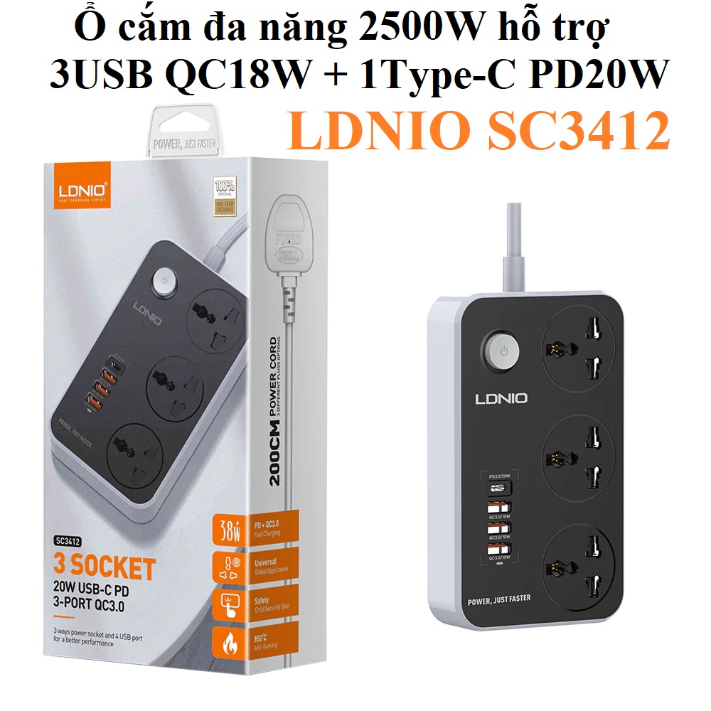Ổ cắm đa năng 2500W hỗ trợ 3 cổng USB QC18W và PD20W LDNIO SC3412 _ hàng chính hãng