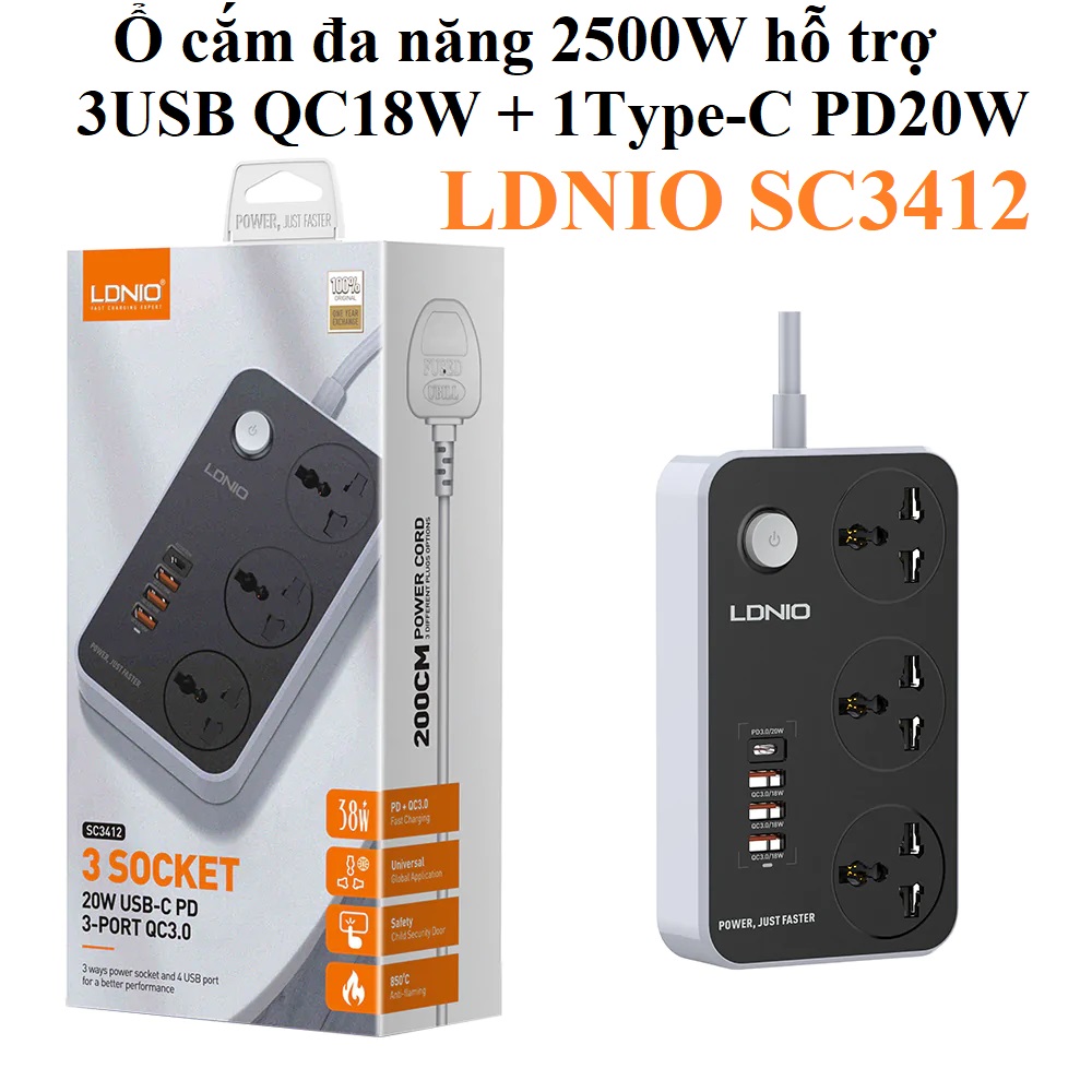 Ổ cắm đa năng 2500W hỗ trợ 3 cổng USB QC18W và PD20W LDNIO SC3412 _  hàng chính hãng