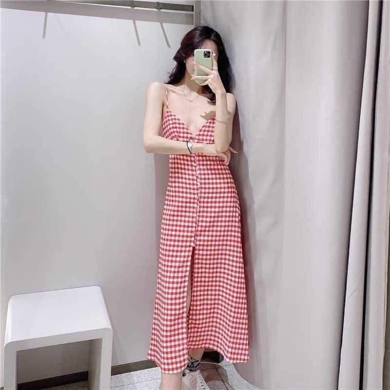 Váy Maxi 2 Dây Kẻ Đỏ Dáng Dài Có Ảnh Thật Kèm Video